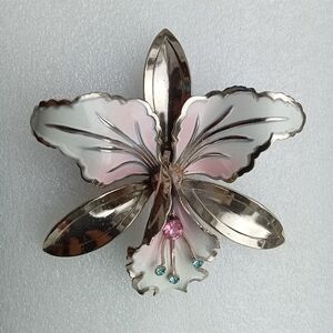 Gold Tone and Pink Enamel  Vintage 1960s Orchid Brooch